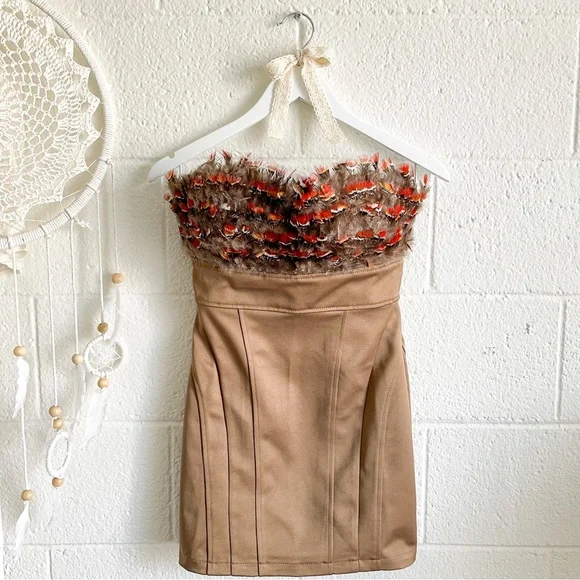 NWOT Strapless Golden Brown Feather Bust Mini Dress - Picture 3 of 12